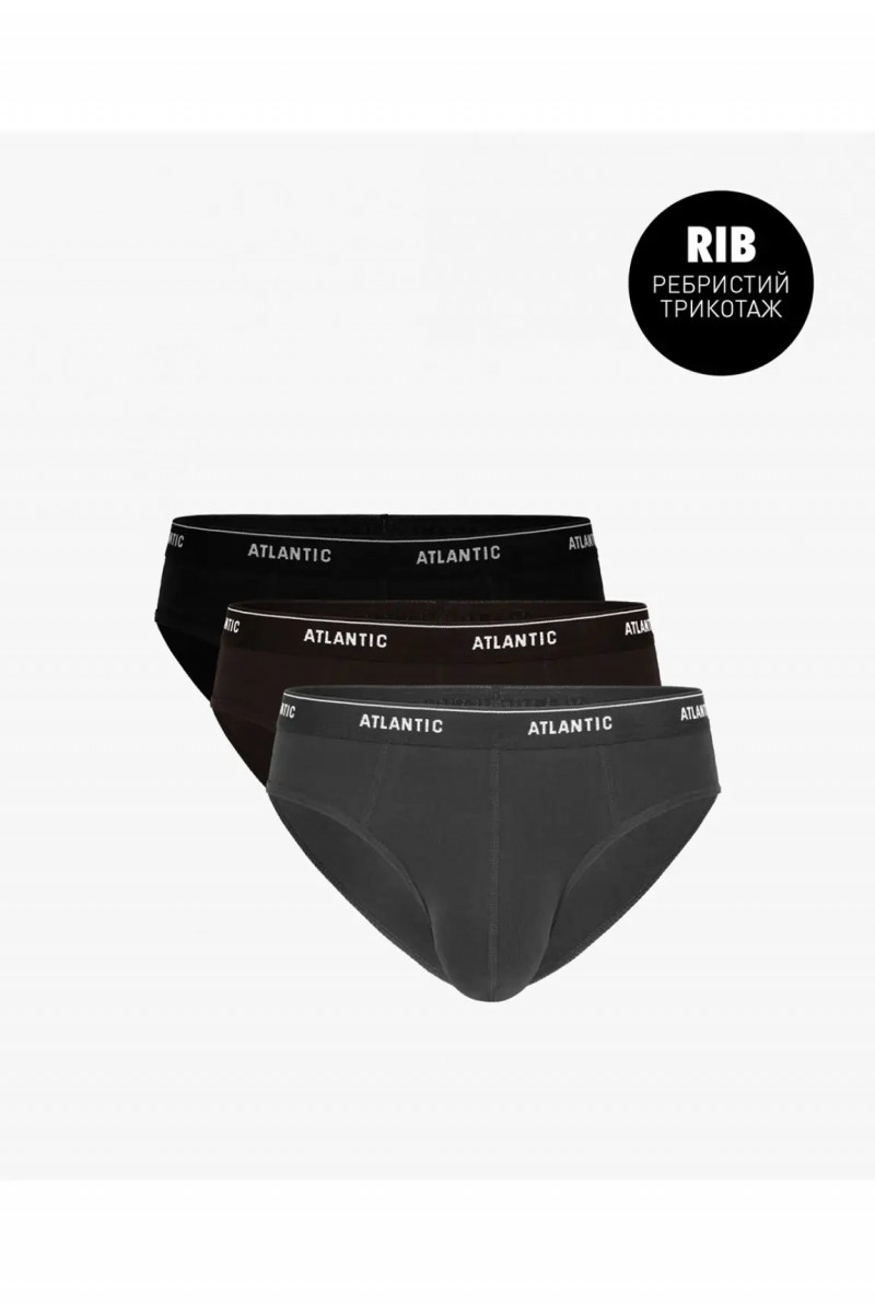 Трусы мужские спорт ATLANTIC хлопок RIB. Набор 3шт. 3MP-157 черный/графитовый/шоколадный - LeConfort